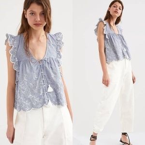 BRAND NEW ZARA Blue striped floral embroidered blouse